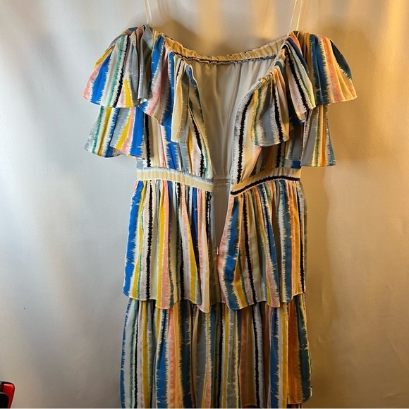 WHY DRESS RAINBOW STRIPE OFF SHOULDER MAXI DRESS Size M Multicolor Tiered artsy - Picture 4 of 12